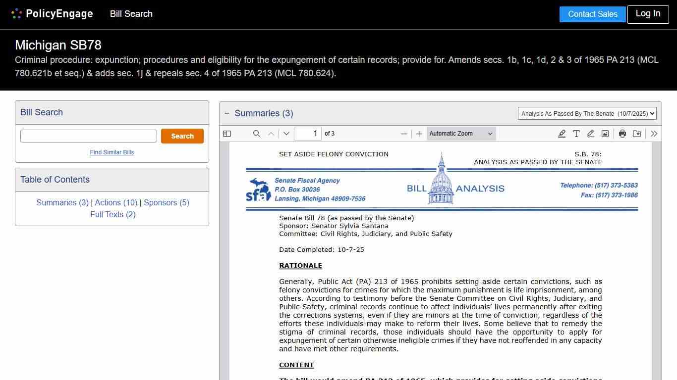 SB78 | Michigan 2025-2026 | Criminal procedure: expunction; procedures and eligibility for the expungement of certain records; provide for. Amends secs. 1b, 1c, 1d, 2 & 3 of 1965 PA 213 (MCL 780.621b et seq.) & adds sec. 1j & repeals sec. 4 of 1965 PA 213 (MCL 780.624). - Legislative Tracking | PolicyEngage